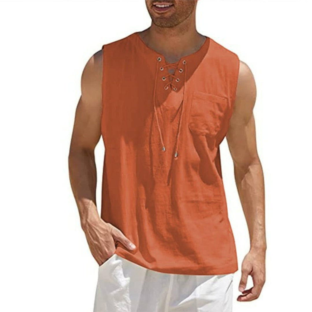 Men's relaxed fit sleeveless shirt, lace-up neckline, breathable cotton blend with chest pocket
