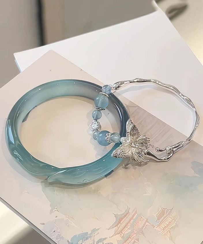 Ensemble de deux bracelets courts en argent sterling, zircon et jade, ornés d'un papillon - Urbann-Vibe