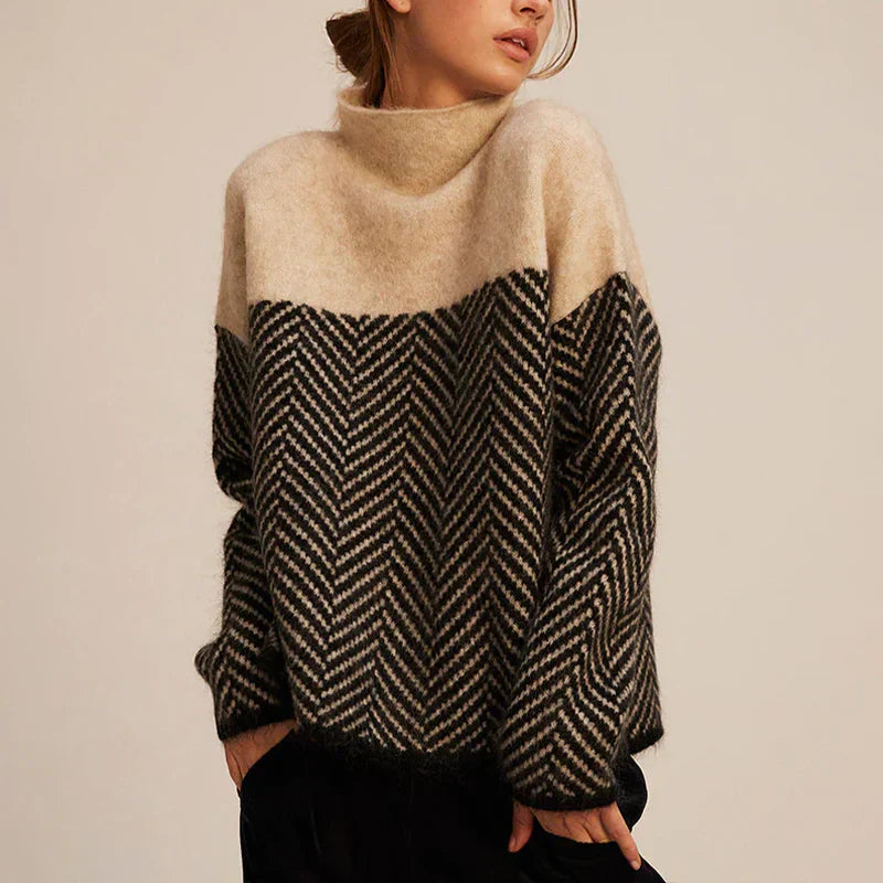 Women's herringbone knit sweater relaxed silhouette two-tone pattern stand-up collar structured comfort