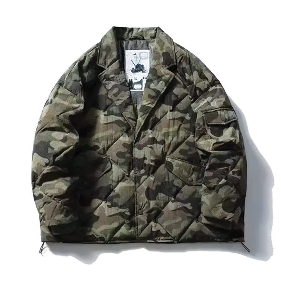 Green camouflage puffer blazer tailored fit with cargo pockets for urban style