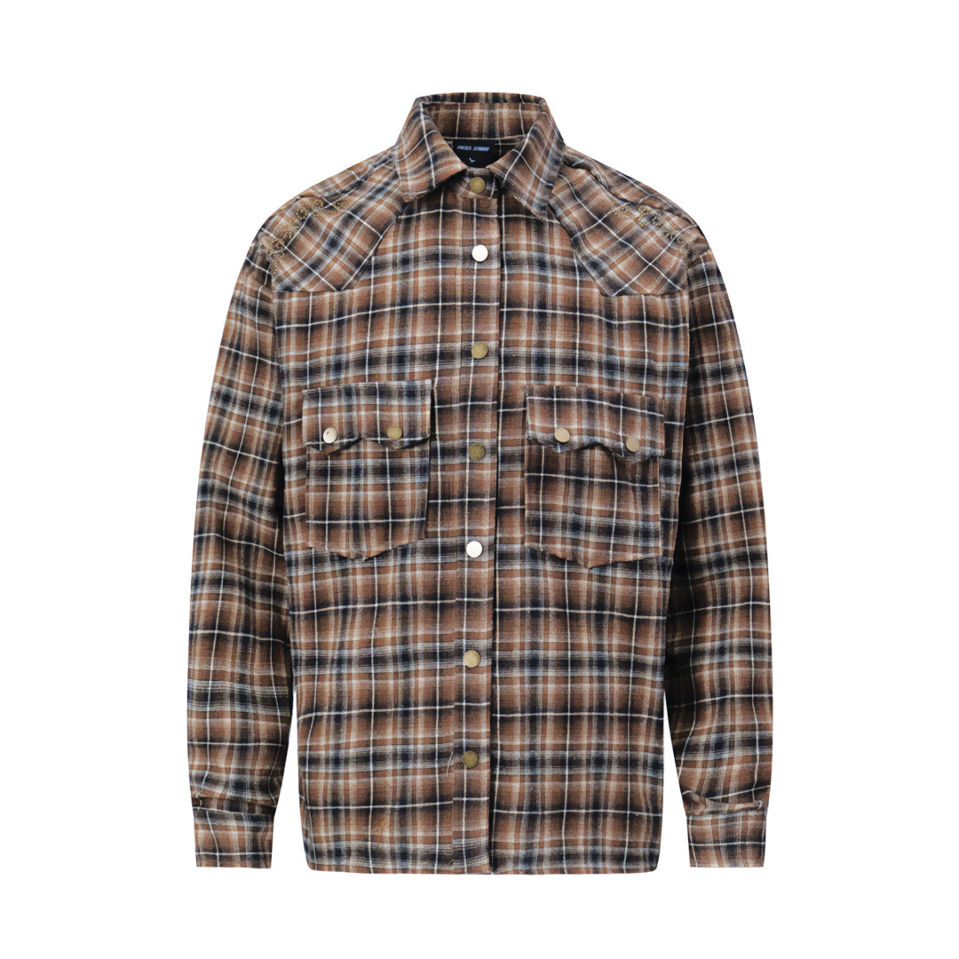 Men's noir azure plaid Western shirt snap closures dual chest pockets refined casual cotton