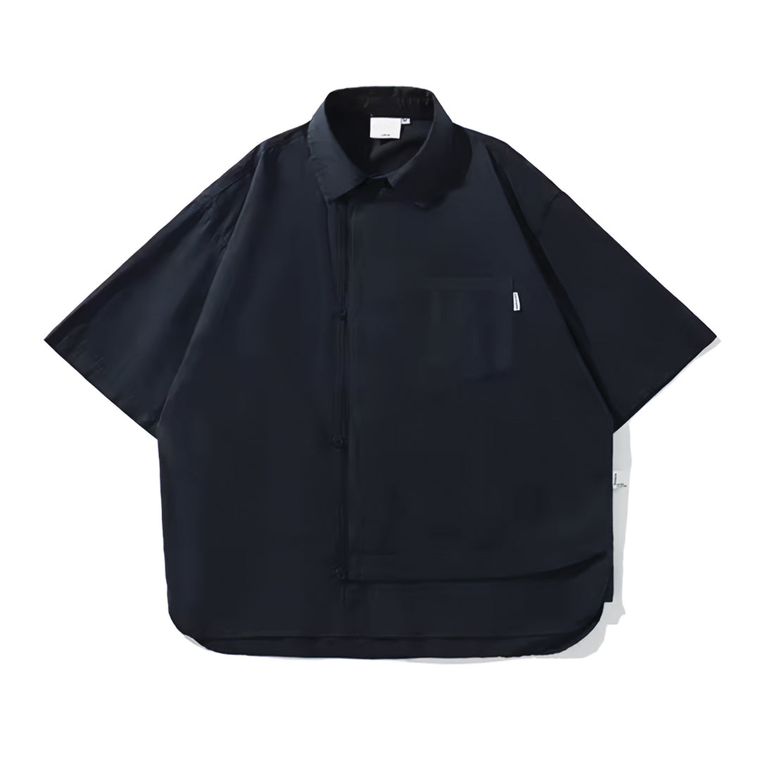 Women's oversized vintage shirt asymmetrical hem loop hook buttons relaxed drapey silhouette