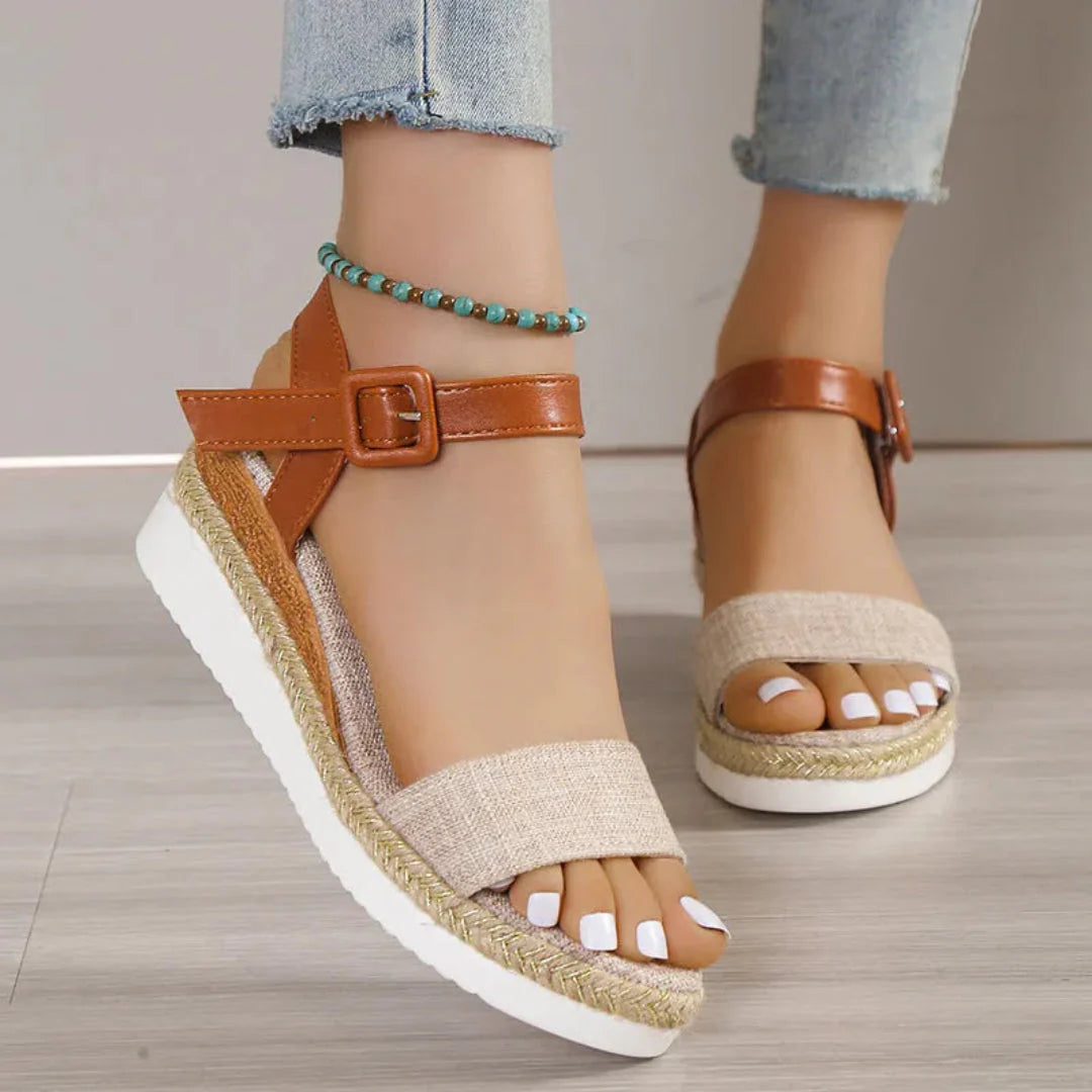 Britney faux leather open toe wedge espadrille sandals with buckle ankle strap in neutral tone