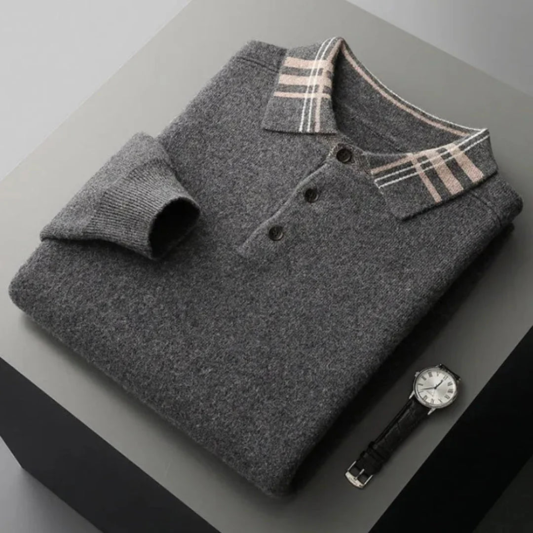 Men's wool polo sweater in classic fit with three-button placket and contrasting striped collar