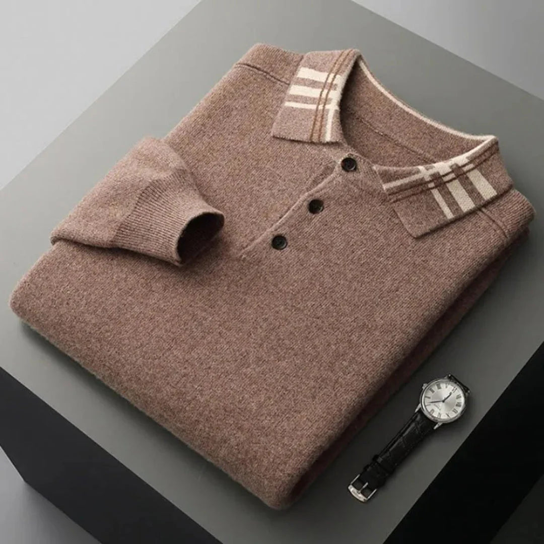 Men's wool polo sweater in classic tones with three-button placket and contrasting striped collar