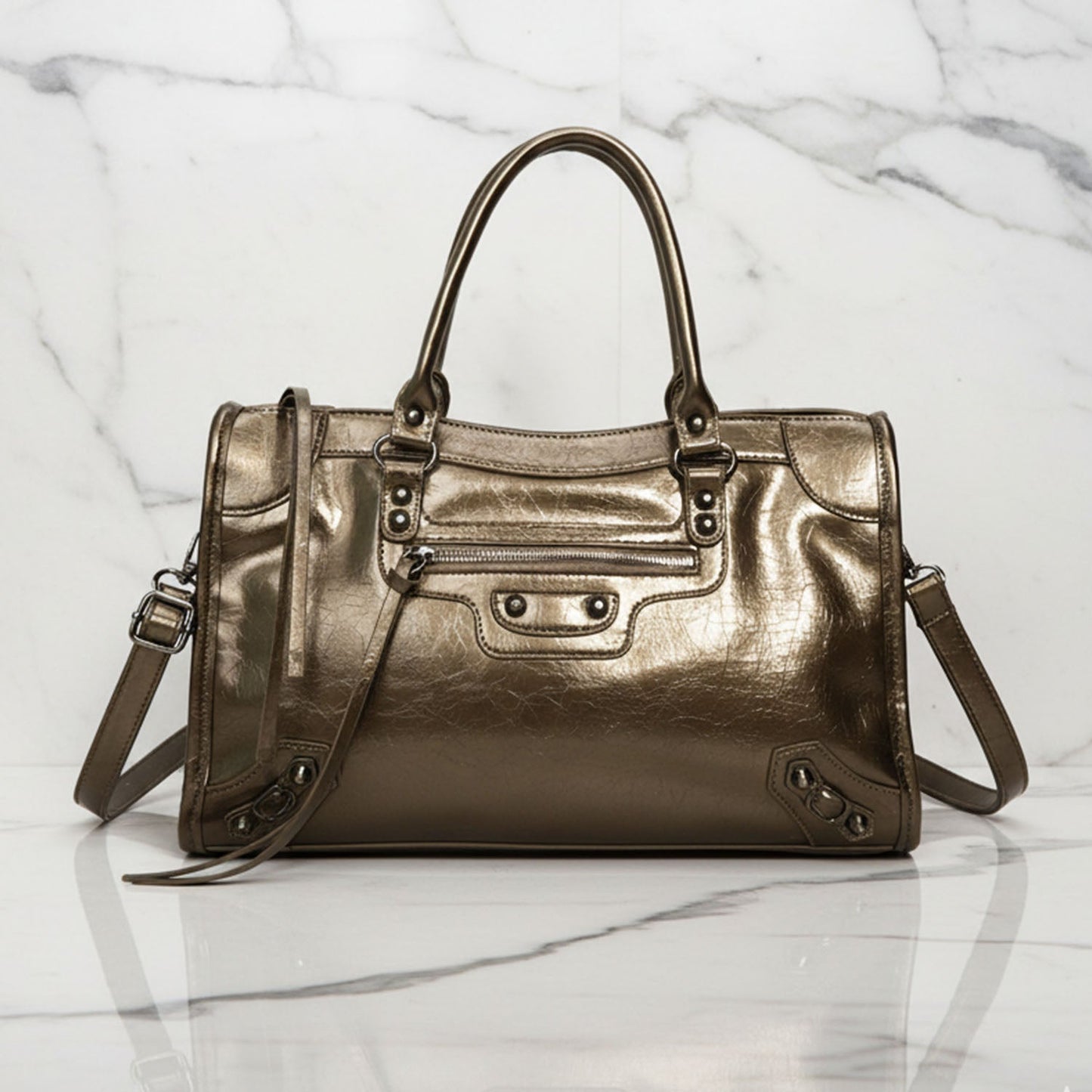Luna faux leather structured city bag with top handle and shoulder strap, polished versatile women's bag