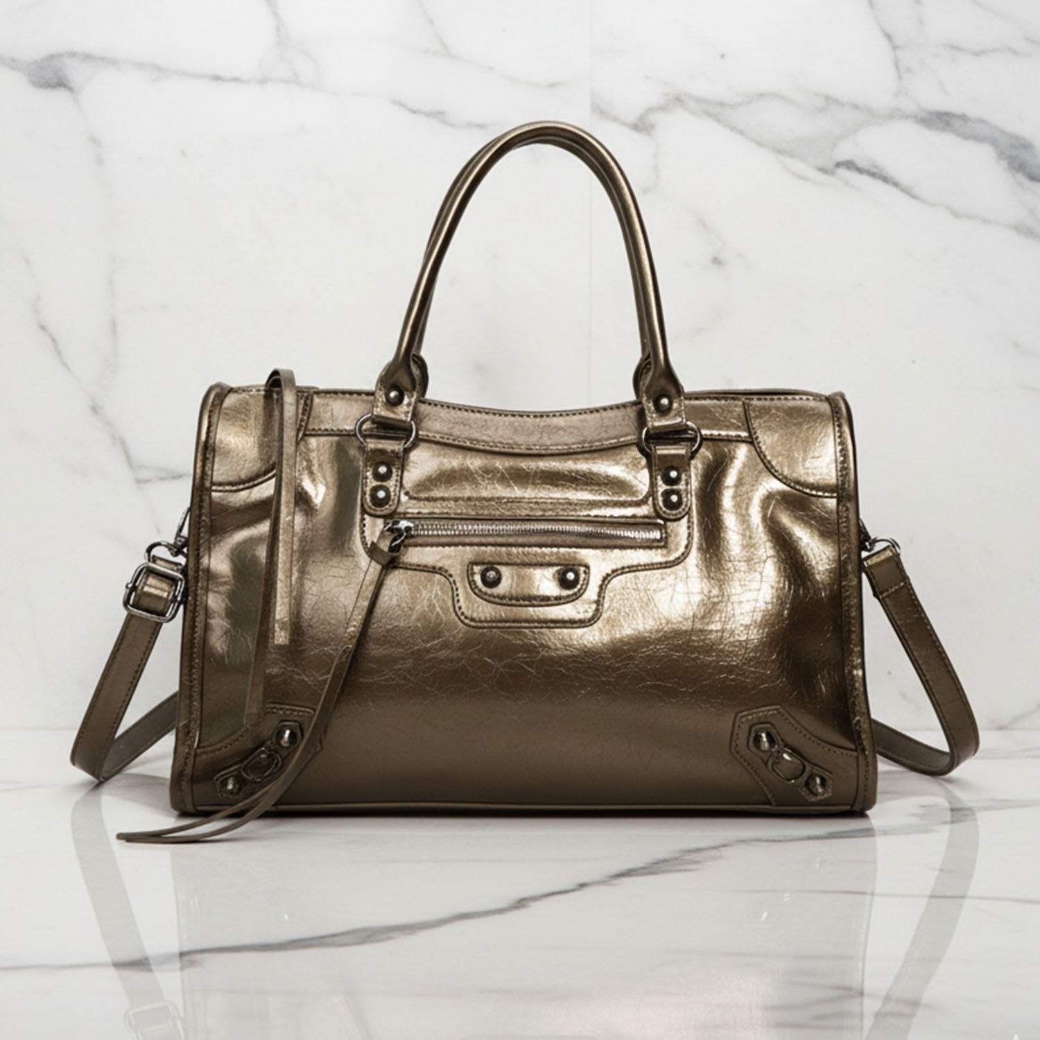 Luna faux leather structured city bag with top handle and shoulder strap, polished versatile women's bag