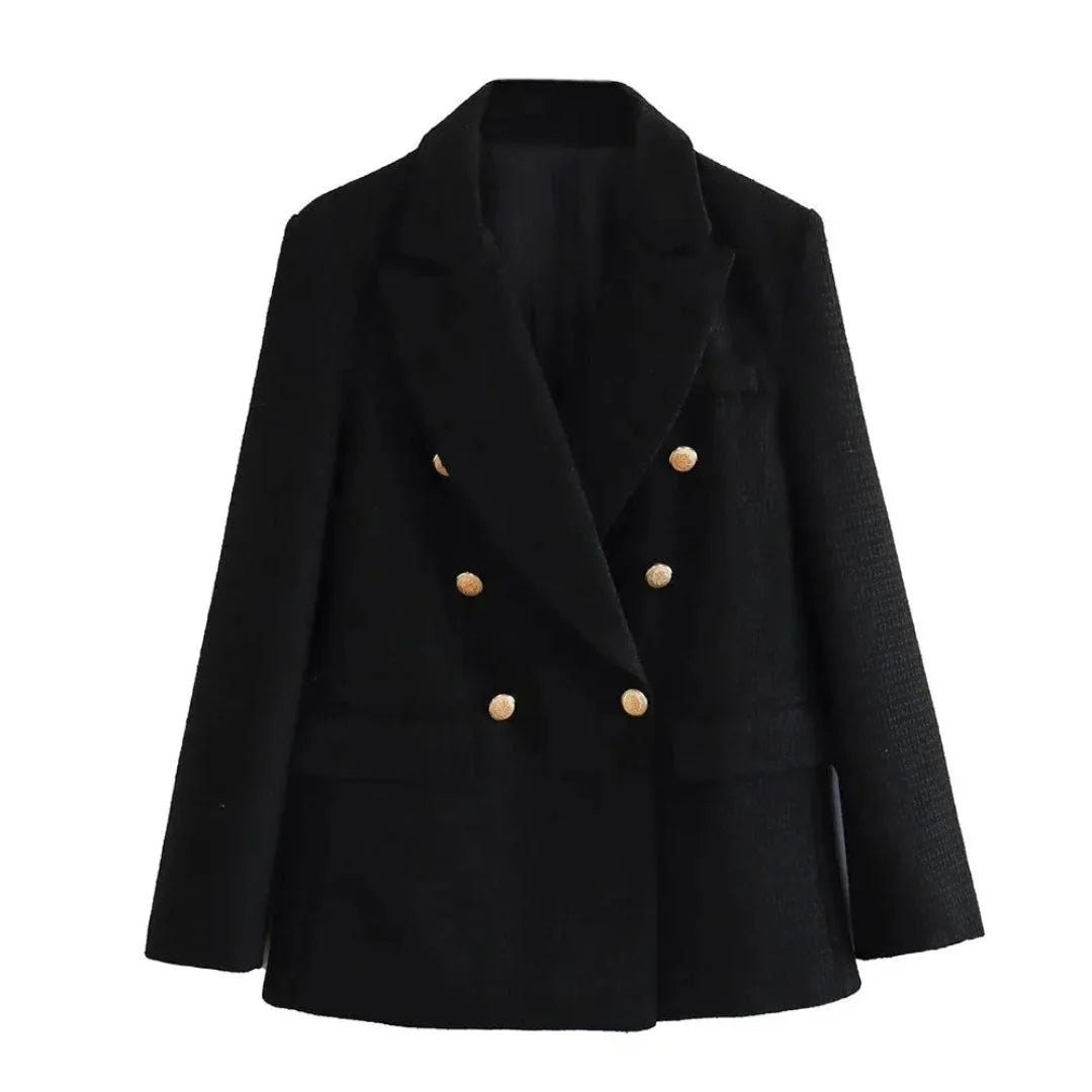 Women's textured double-breasted blazer heritage-inspired modern tailoring with elegant button details