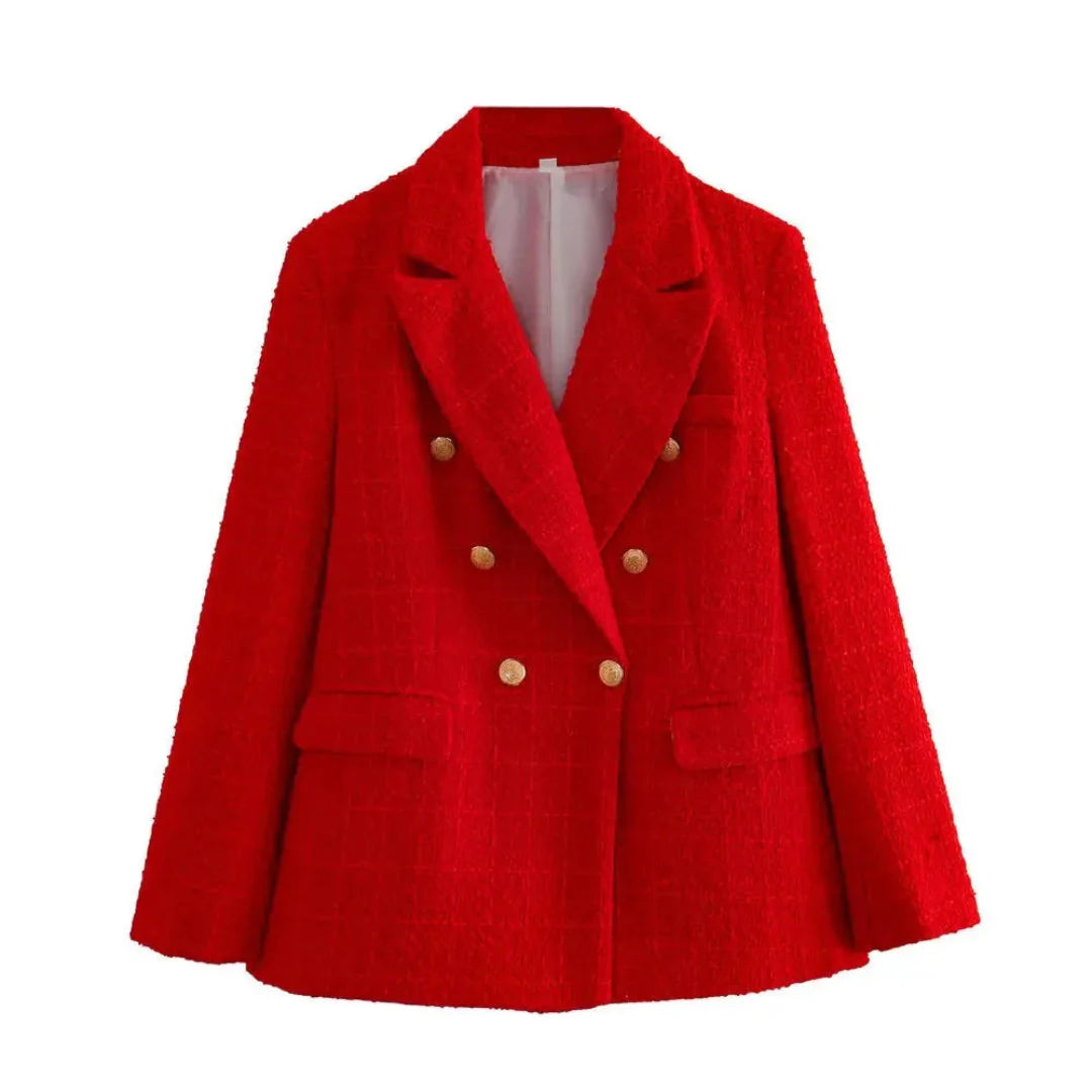 Women's textured double-breasted blazer heritage-inspired modern tailoring with elegant button detail
