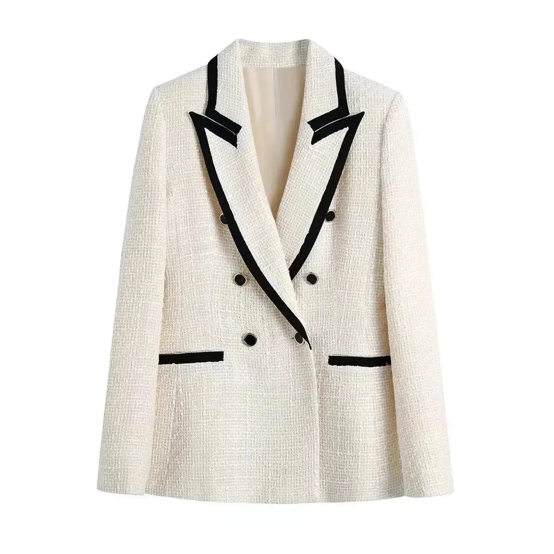 Women's textured double-breasted blazer heritage-inspired modern tailoring with elegant button detail