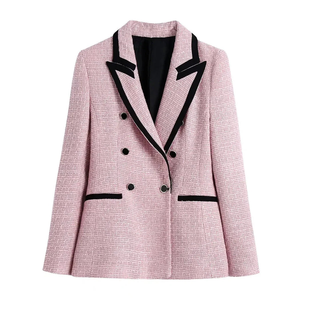 Women's textured double-breasted blazer heritage-inspired tailoring with elegant button detail