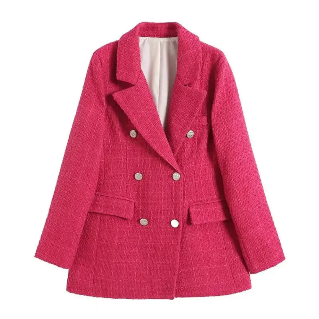 Women's textured double-breasted blazer heritage-inspired modern tailoring with elegant button detail