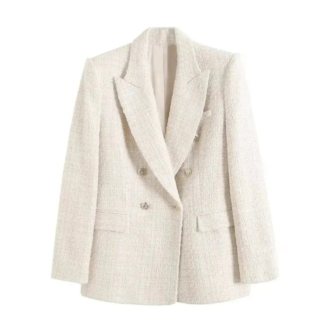 Women's textured double-breasted blazer heritage-inspired modern tailoring with elegant button details