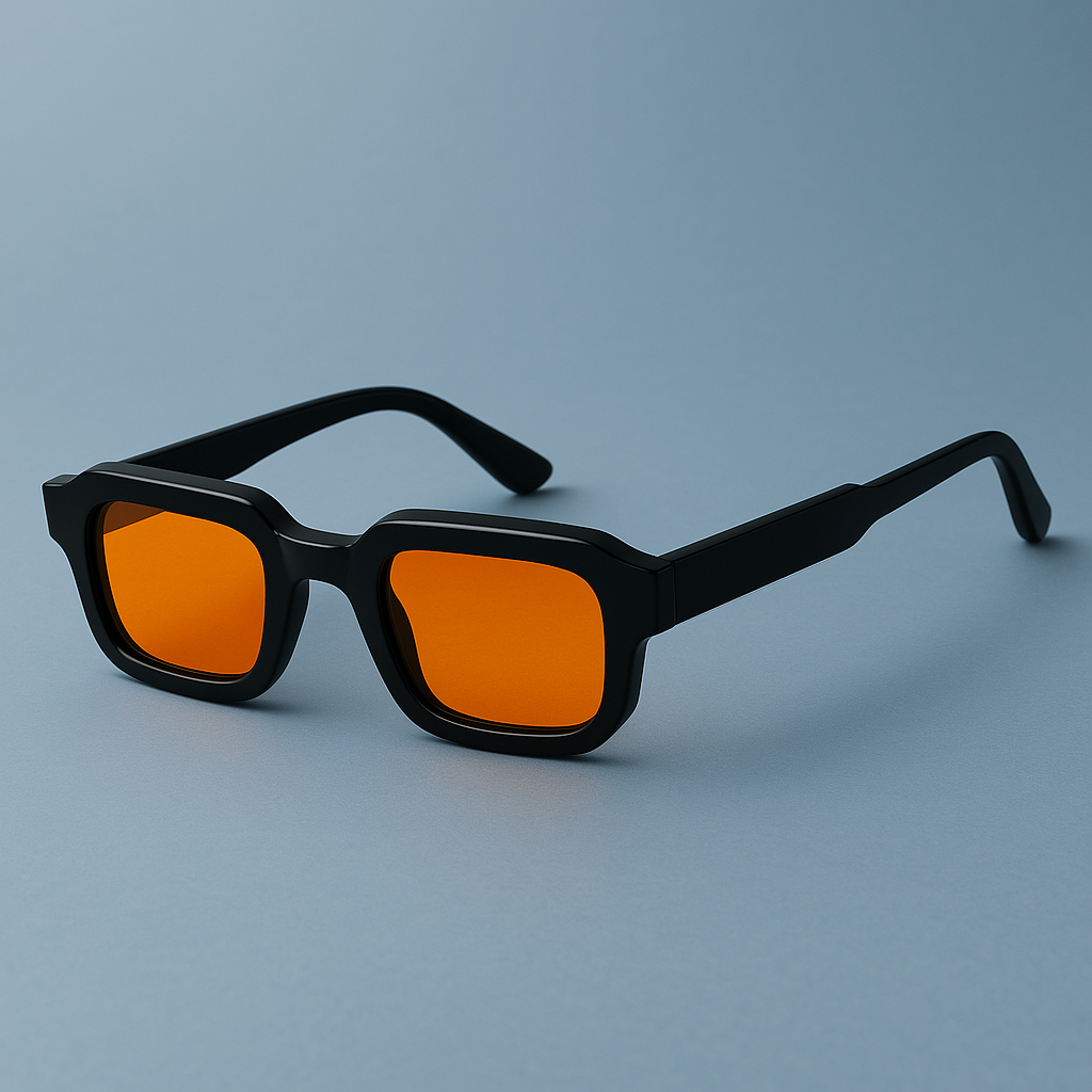 Chunky square translucent frame sunglasses with warm tinted UV lenses, retro-modern city style
