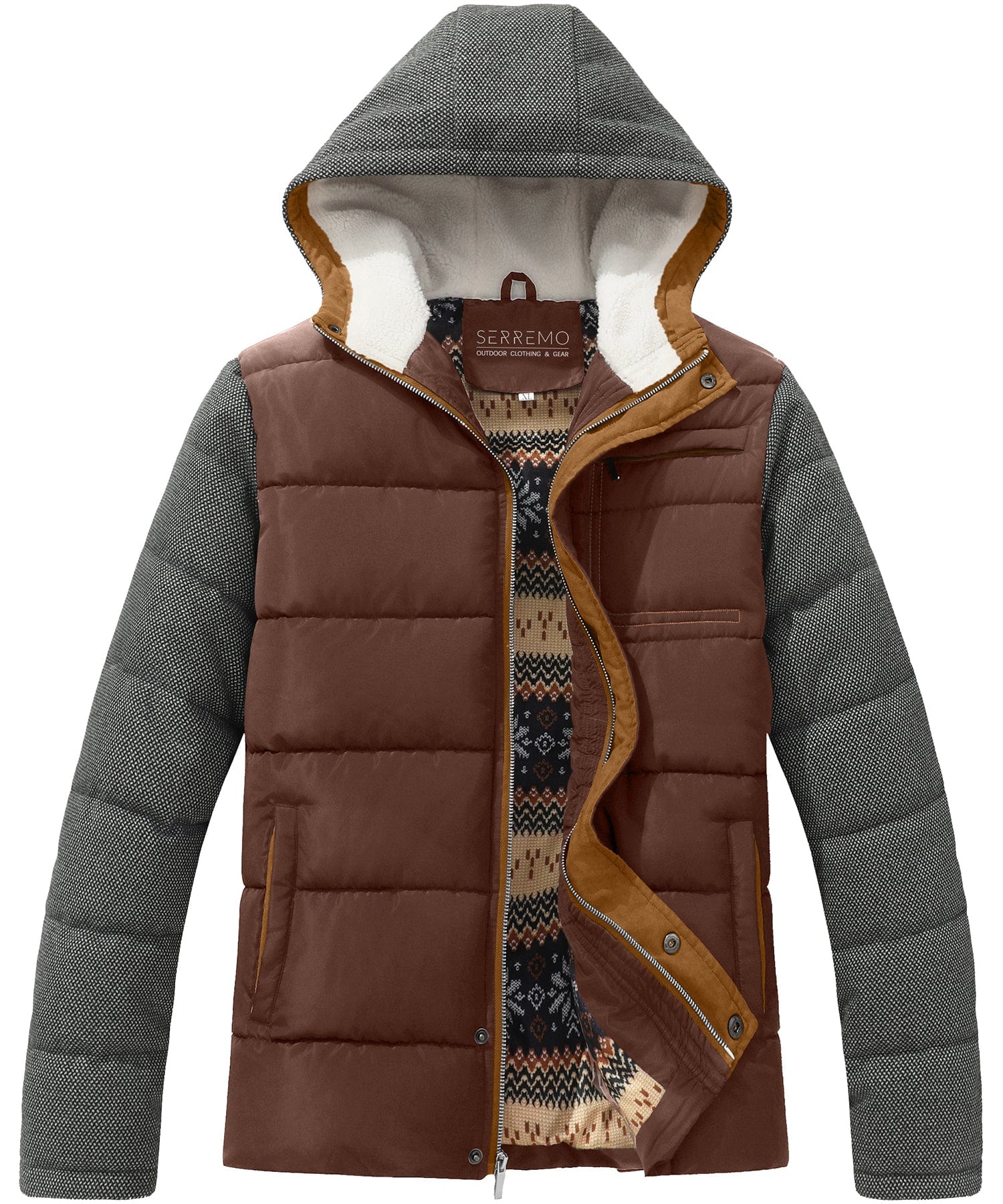 Men's olive hooded puffer jacket regular fit quilted exterior with plush sherpa lining