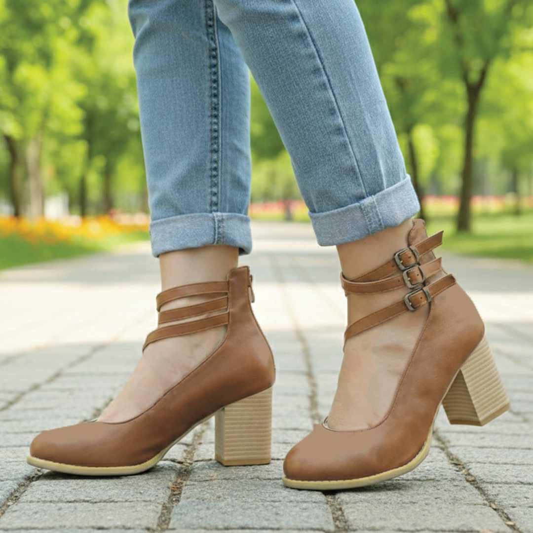 Black vegan leather ankle shoes block heel round toe back zip polished everyday style