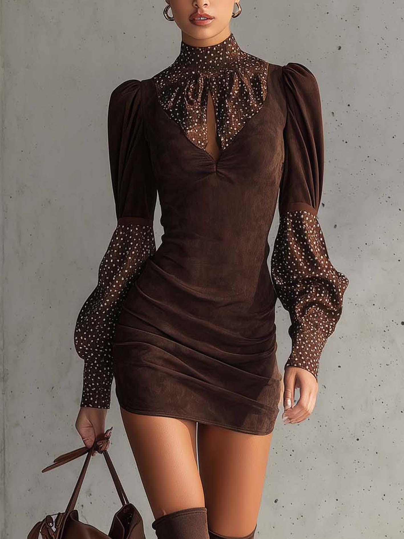 Brown faux suede bodycon dress with satin polka dot puff sleeves and keyhole neckline for women