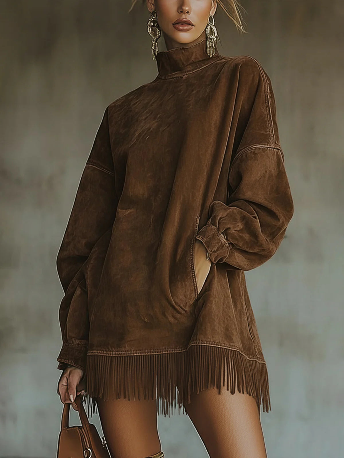 Women's faux suede turtleneck dress with fringe hem, relaxed silhouette, warm chic style