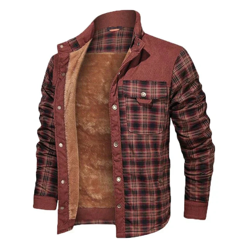 Men's checked winter jacket structured fit lined interior practical pockets cold weather everyday wear