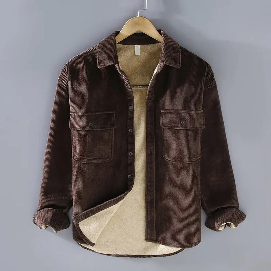 Men's brown corduroy winter shirt classic relaxed fit with timeless textured finish for warm style