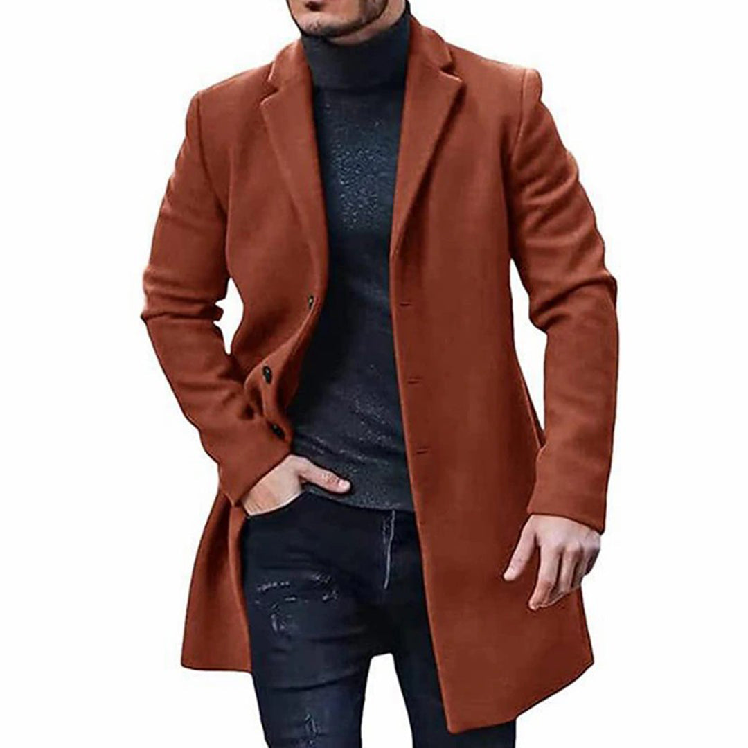Men's wool blend tailored fit knee-length coat smart casual single breasted professional overcoat
