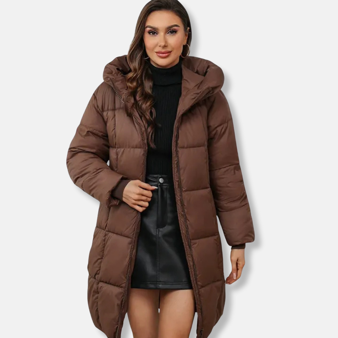 Women's quilted puffer coat hooded above-knee length insulated winter jacket cozy silhouette