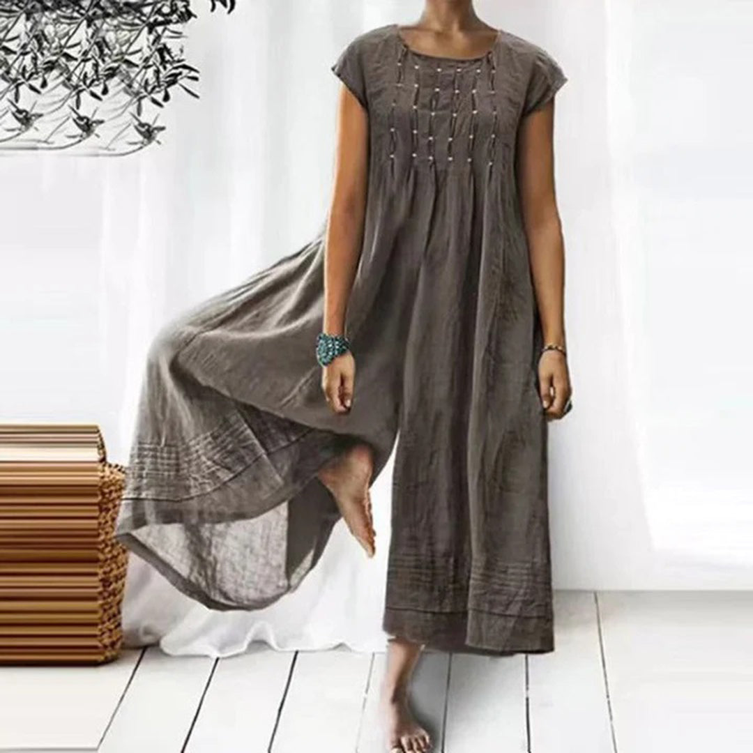 Bohemian long cotton dress airy fit short sleeves round neck lightweight vacation style