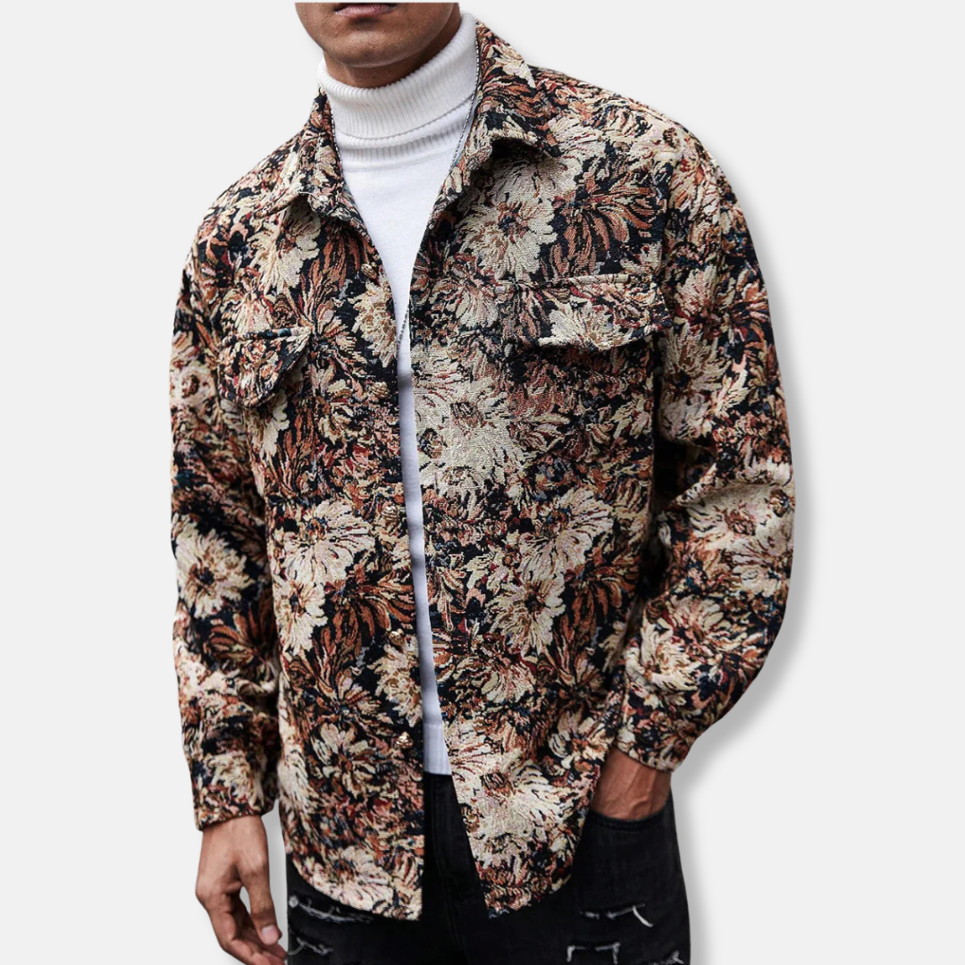 Men floral jacquard jacket woven texture relaxed fit artisanal pattern everyday versatile layer