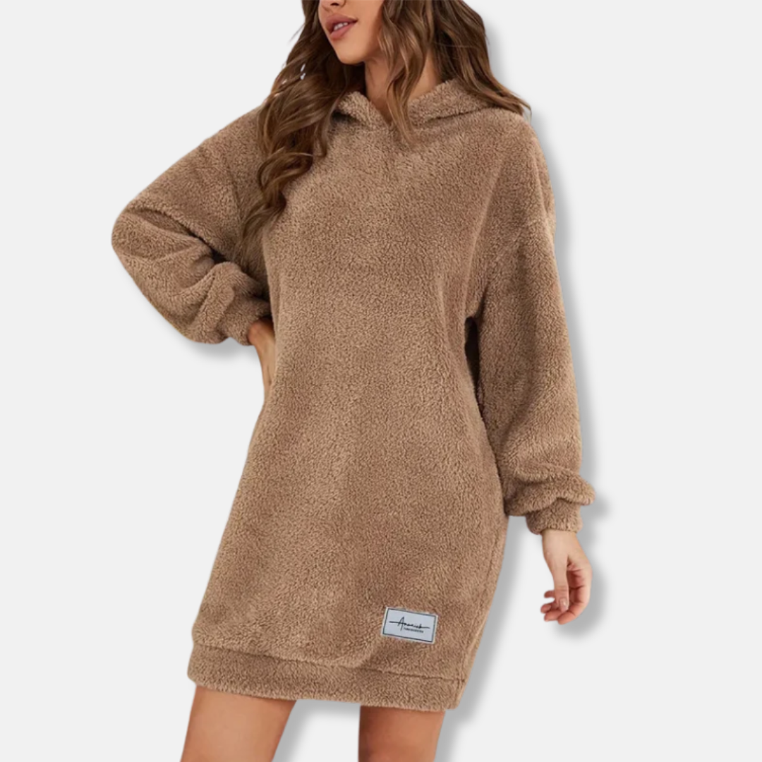 Women's oversized hoodie mini dress in plush fleece knit, cozy lounge style with relaxed silhouette
