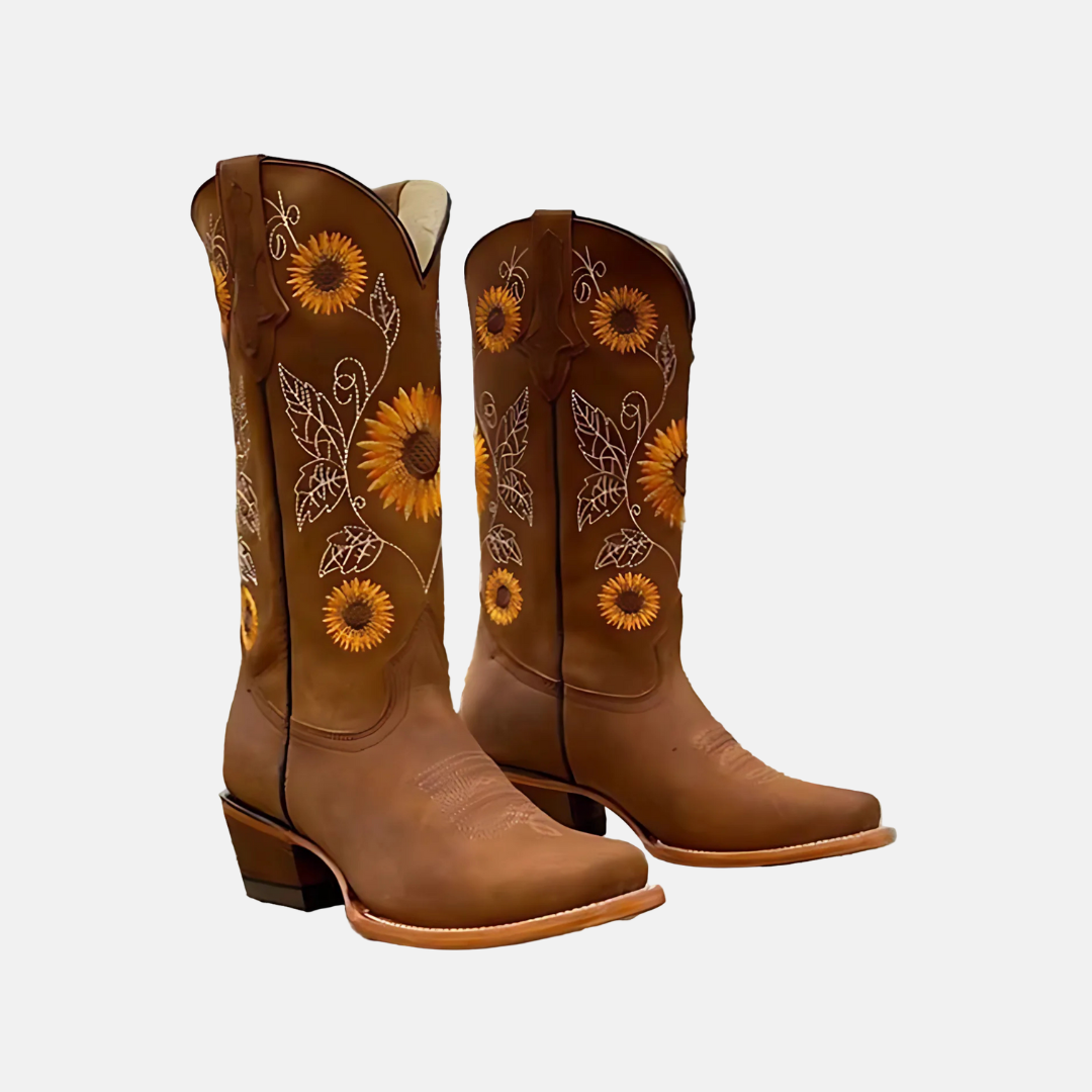 Women's leather western mid-calf boots with Cuban heel and hand-embroidered sunflower detail