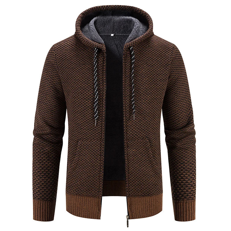 Men's loose-fit khaki knit hoodie cozy autumn sweater with relaxed silhouette for layering