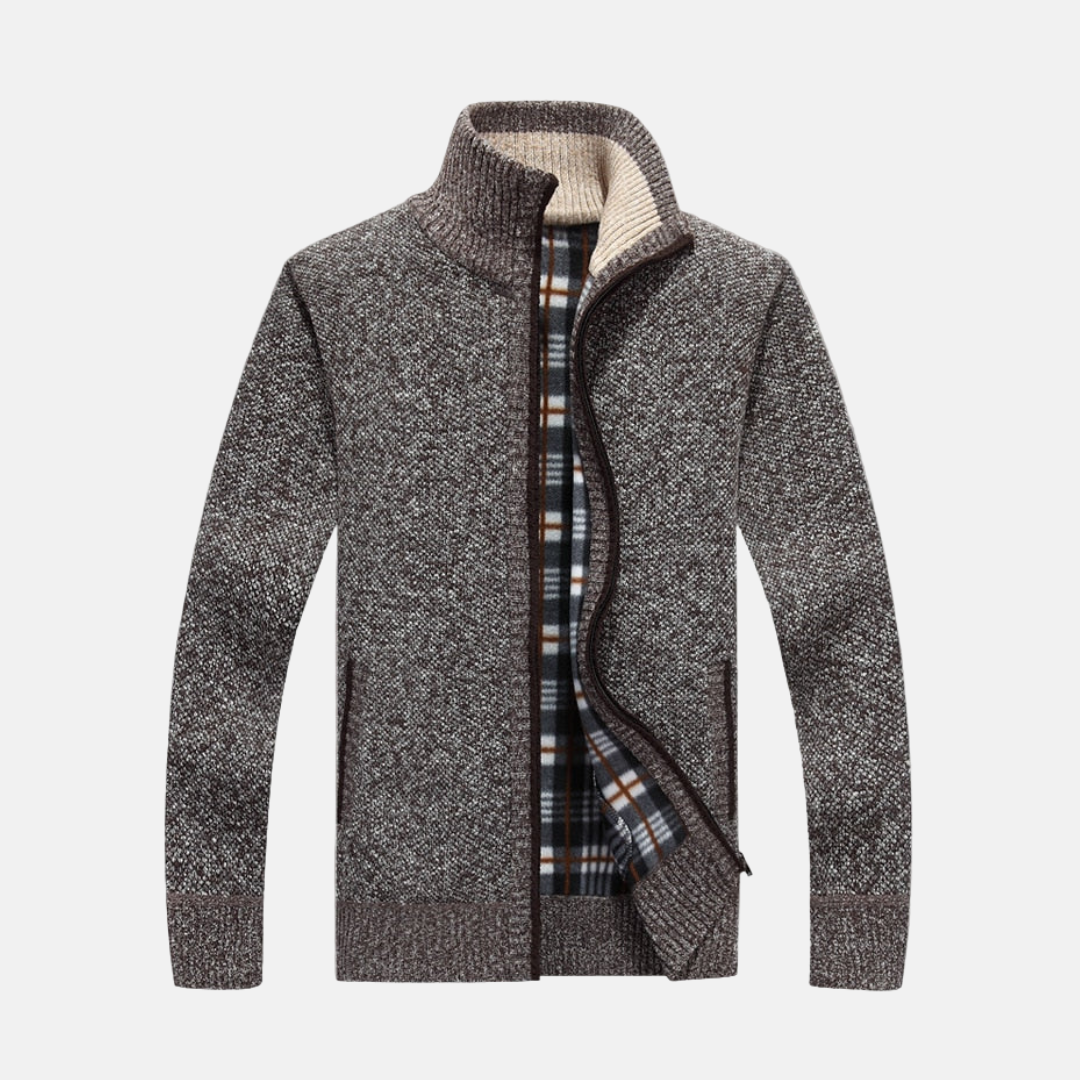 Men's gray knit jacket with fleece lining, regular fit casual layering piece for fall everyday wear