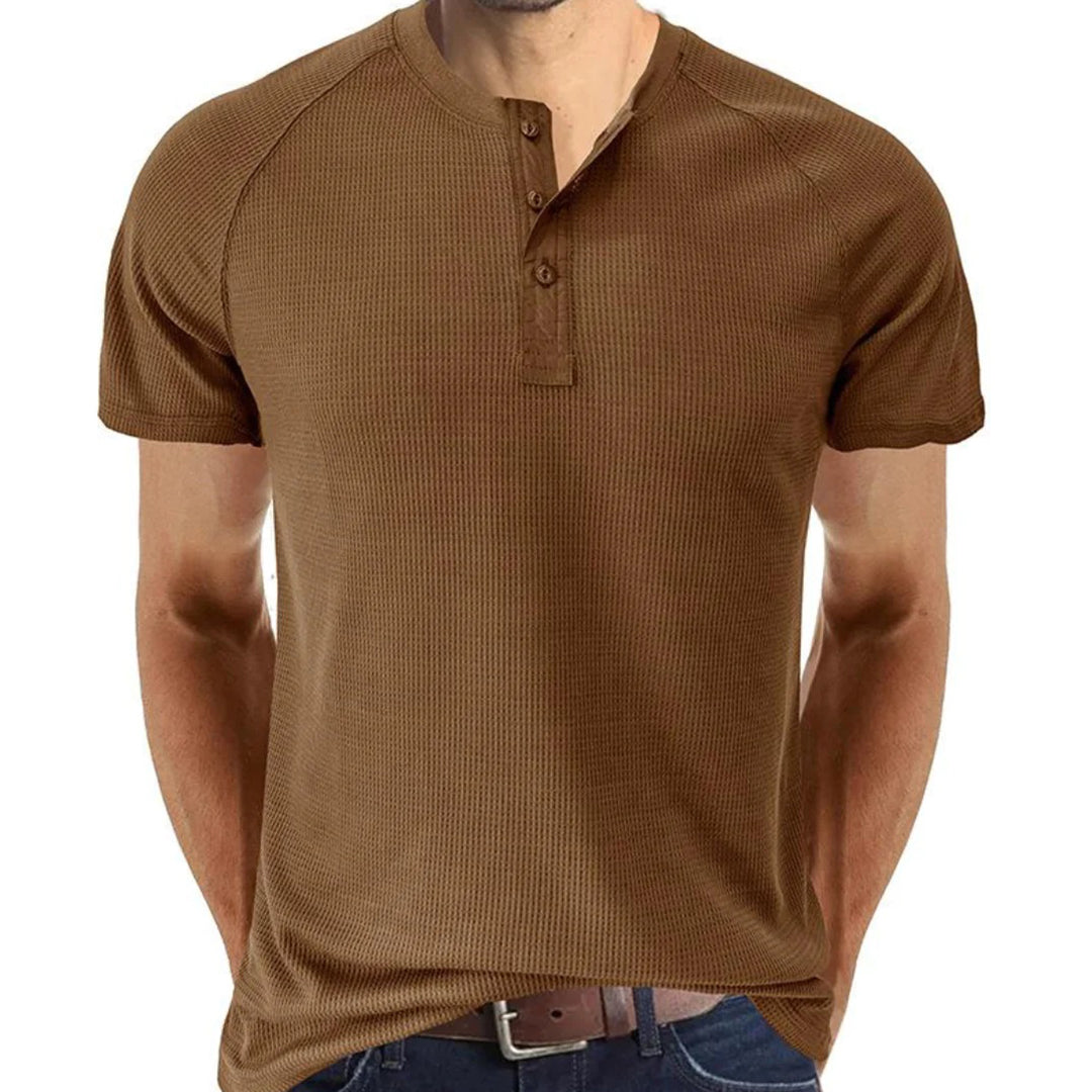 Men's slim-fit Henley T-shirt soft knit short sleeve breathable casual tee modern streetwear style