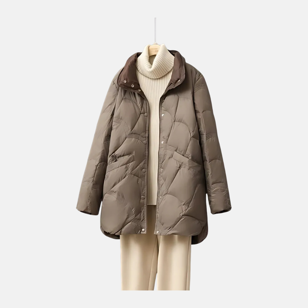 Women's mid-length quilted jacket with stand collar, relaxed silhouette, lightweight synthetic fabric for fall