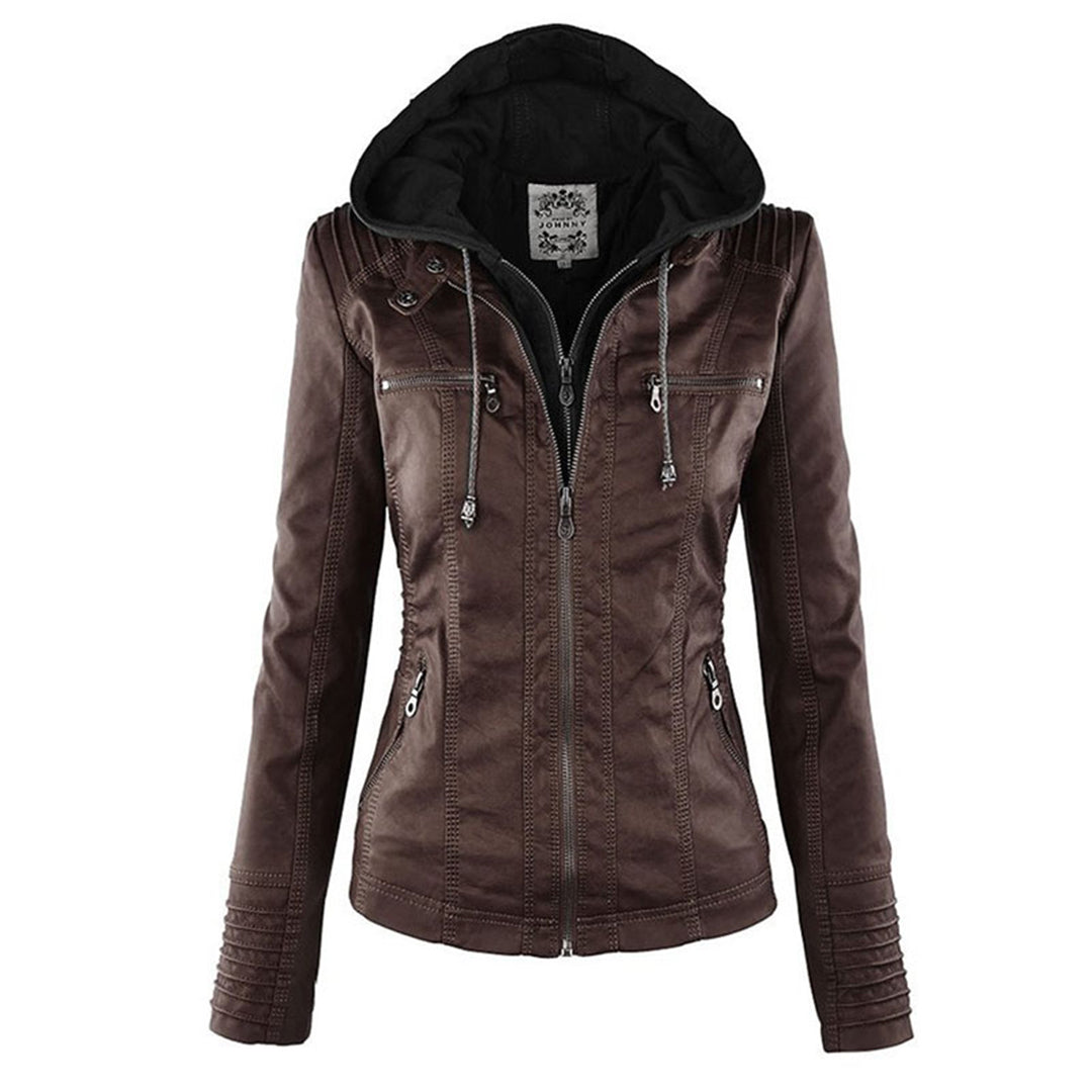 Women's hooded moto jacket fitted silhouette secure zip pockets all-weather versatile outer layer