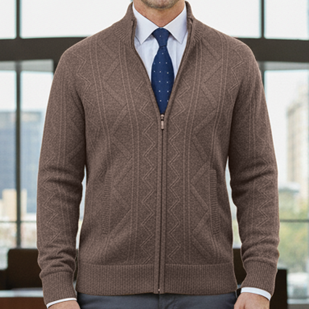 Navy blue tailored zip-up business cardigan with breathable fabric for sharp office layering