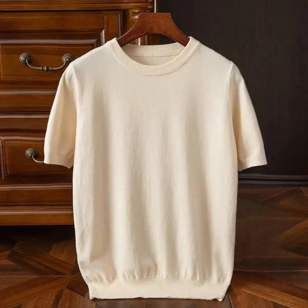 Men's wool blend cream O-neck tee, tailored regular fit, butter-soft knit short sleeve essential