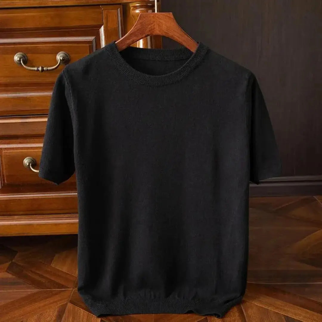Men's wool blend O-neck tee in butter-soft knit, tailored regular fit short sleeve luxurious everyday essential