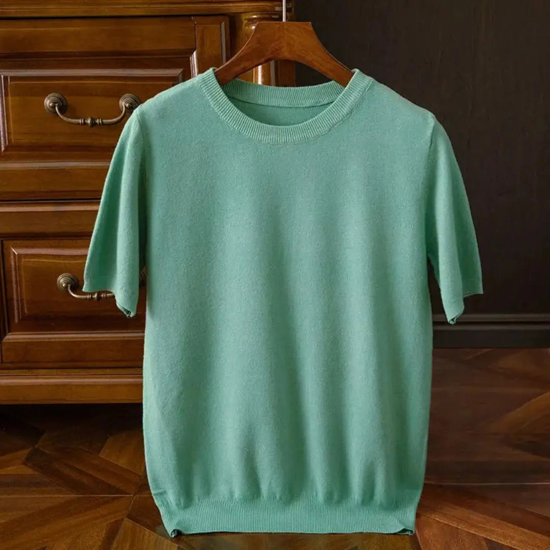 Men's wool blend gray O-neck tee, tailored regular fit, butter-soft knit short sleeve luxury essential