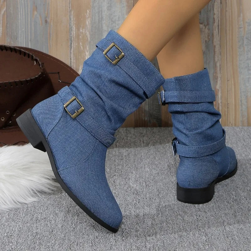 Women's denim ankle boots with buckle detail, block heel, in blue and gray versatile styles
