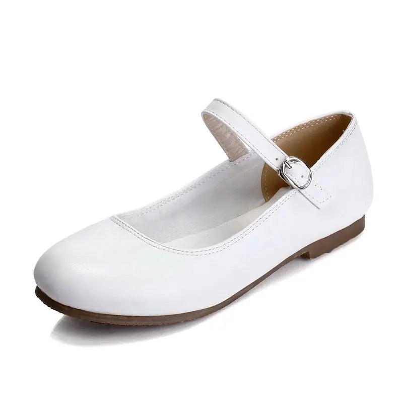 Women's black buckle strap ballet flats with ankle strap, Mary Jane style, lightweight synthetic upper