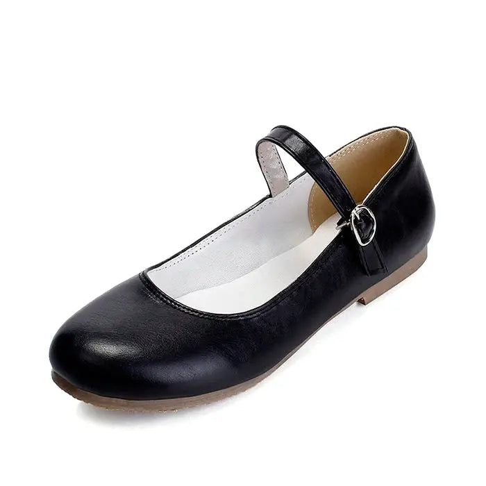 Women's black buckle strap ballet flats with ankle strap, Mary Jane style, lightweight synthetic upper