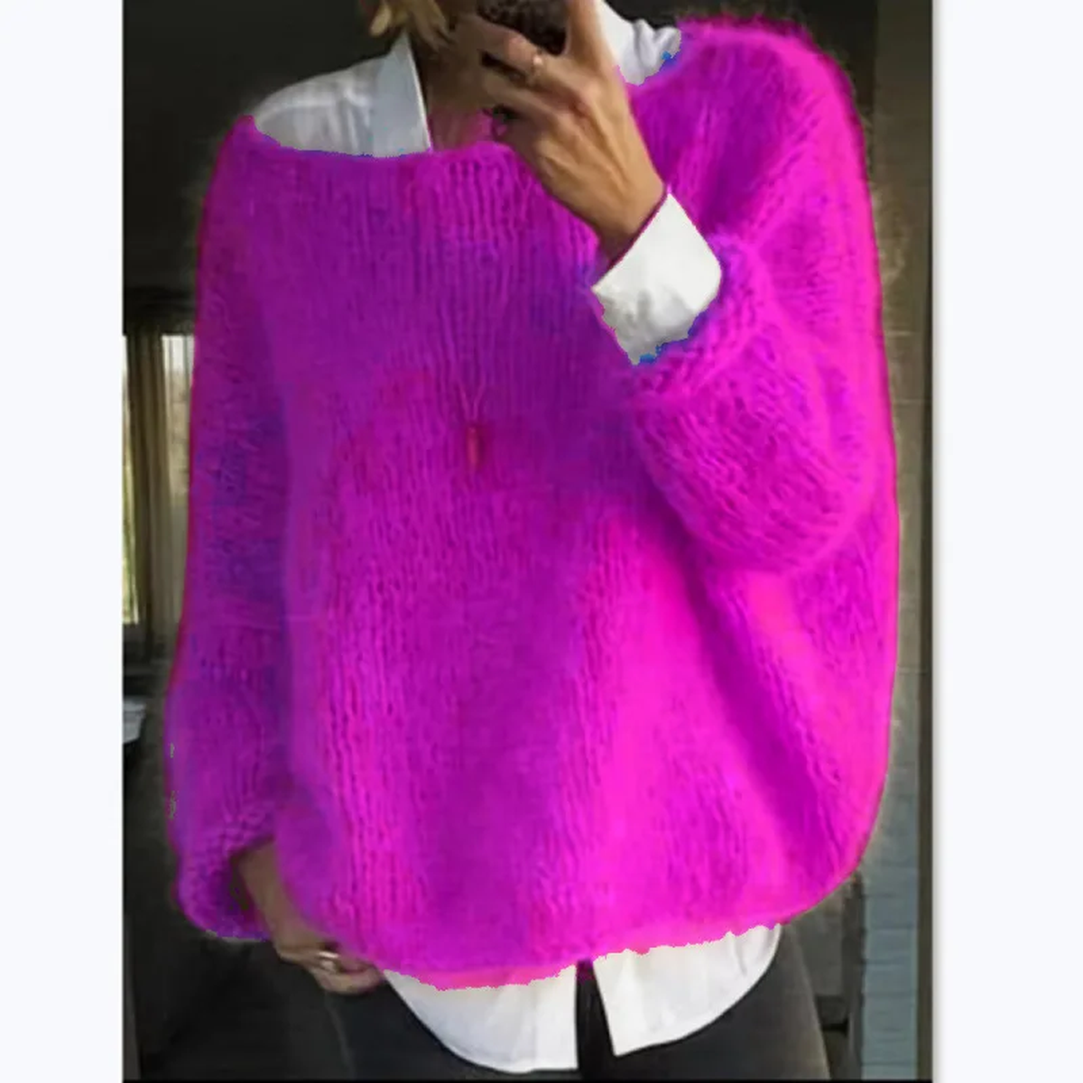 Women's cream relaxed-fit cozy knit sweater with plush fuzzy texture for effortless winter layering