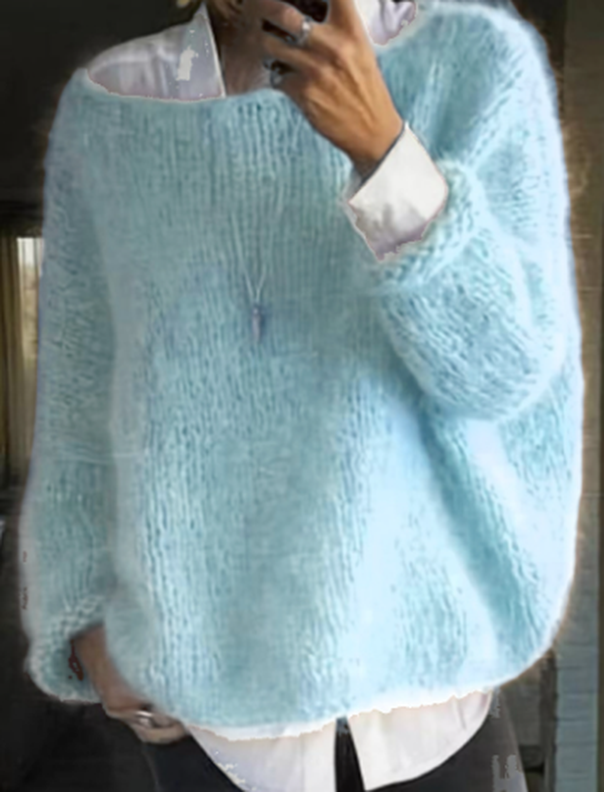 Women's cream relaxed-fit cozy knit sweater with plush fuzzy texture for effortless winter layering
