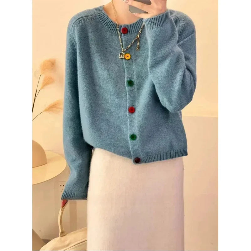 Colorful women's crew neck cardigan sweater with decorative buttons, academy-inspired style for work