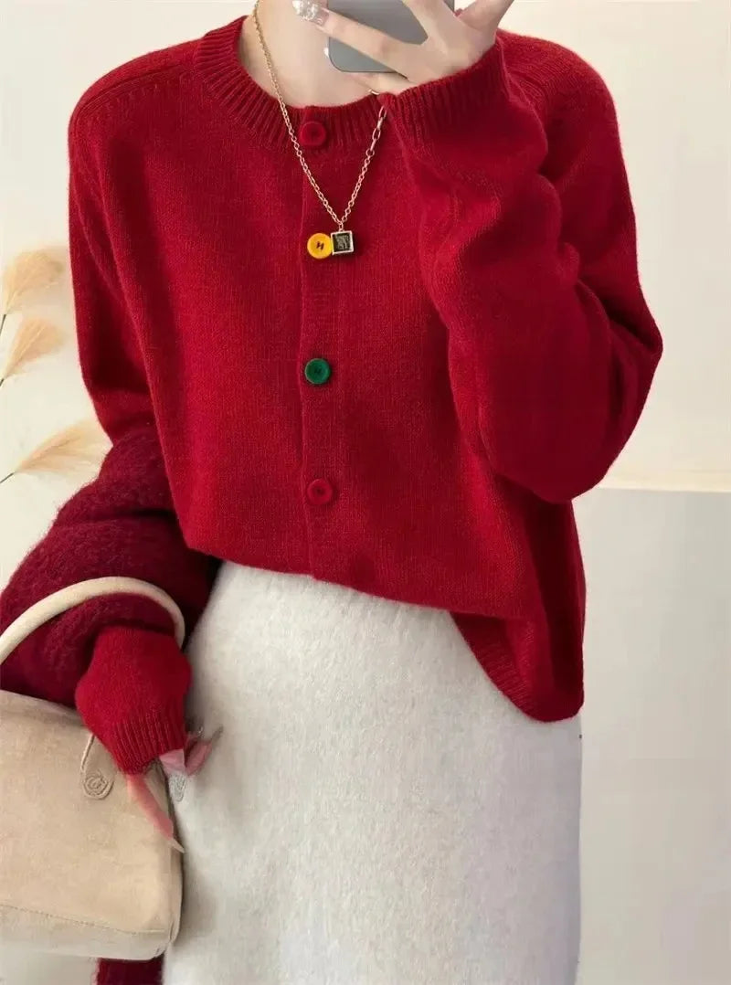 Colorful women's crew neck cardigan sweater with academy-style buttons for work and casual wear