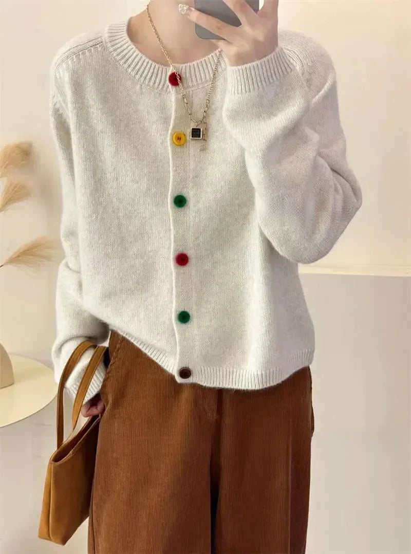Women's colorful crew neck cardigan sweater with decorative buttons, academy-inspired versatile style