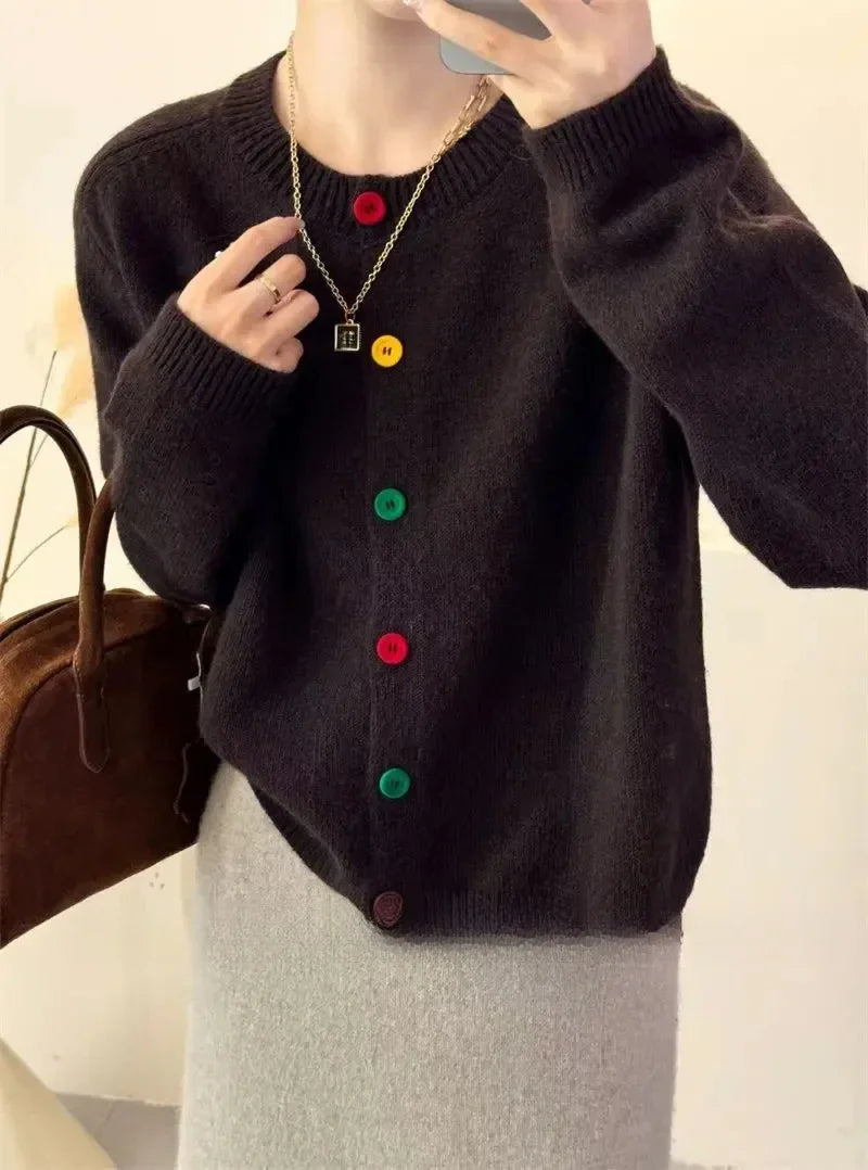 Colorful women's crew neck cardigan sweater with playful buttons, academy-inspired style for work and casual wear