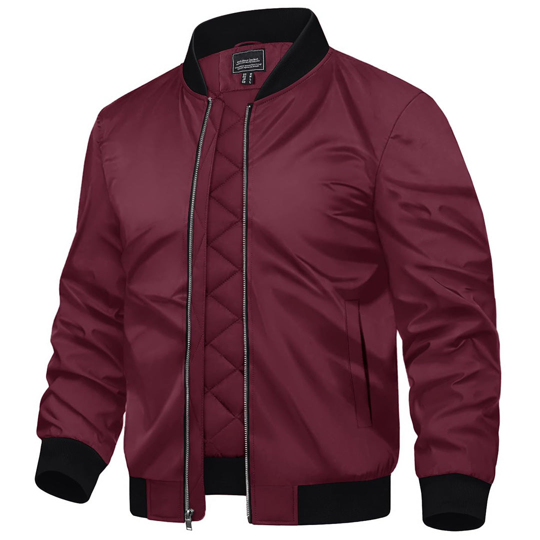 Men's water-resistant windproof bomber jacket in neutral tone, slim street-style cut with lightweight shell
