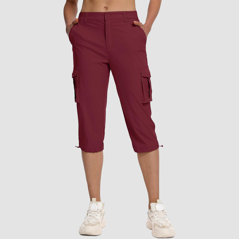 Women's lightweight cargo capris with 6 pockets, water-resistant quick-dry nylon stretch fabric